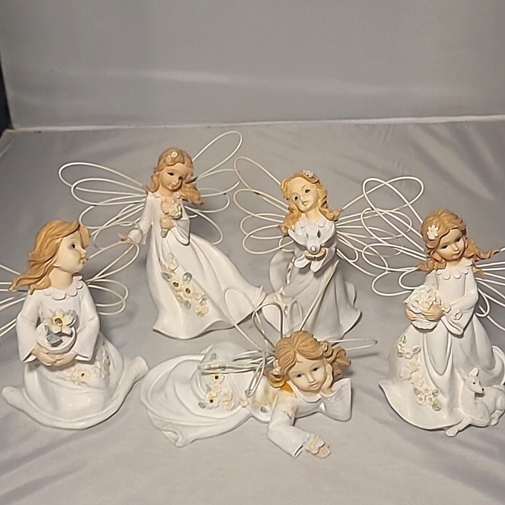 Vintage Popular Creations Angel Figurines Wire Wings Lot of 5 Collectibles 6"